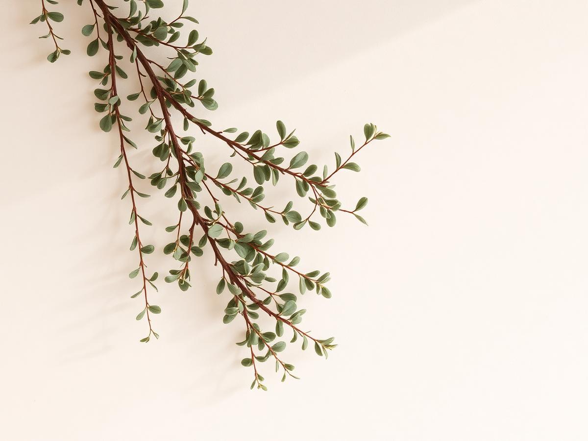 Branches de feuillage vert sauge sur un mur beige
